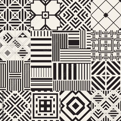 Patchwork from seamless tiles with geometric pattern. Set of modern geometric seamless Tiles. Stylish pattern for ceramic tile, wallpaper, linoleum, textile, web page background.Vector illustration