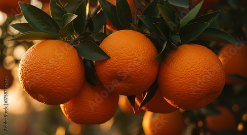 Close up of ripe oranges hanging on a tree branch with green leaves