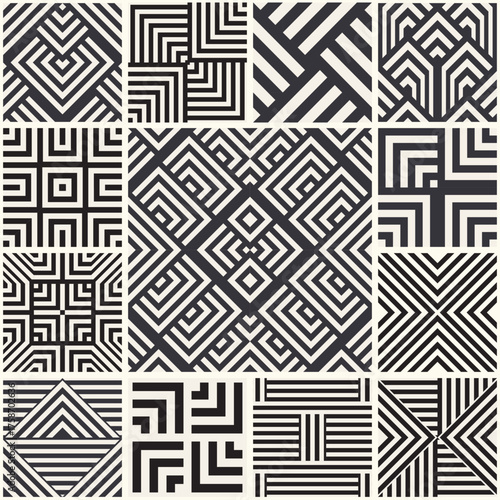 Patchwork from seamless tiles with geometric pattern. Set of modern geometric seamless Tiles. Stylish pattern for ceramic tile, wallpaper, linoleum, textile, web page background.Vector illustration
