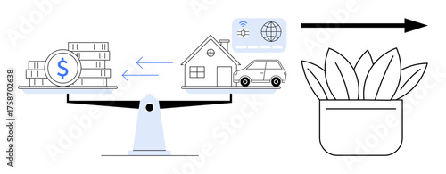 Scale weighing money against home, car, and digital resources with an arrow pointing to plant growth. Ideal for finance, sustainability, investment, eco-conscious decisions, resource allocation