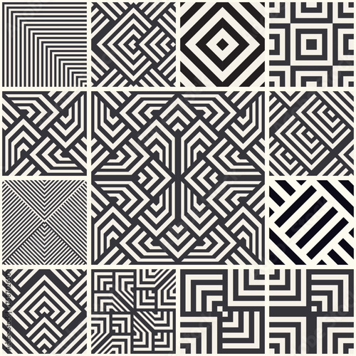Patchwork from seamless tiles with geometric pattern. Set of modern geometric seamless Tiles. Stylish pattern for ceramic tile, wallpaper, linoleum, textile, web page background.Vector illustration