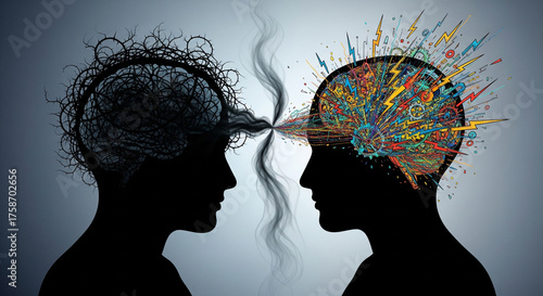 Two silhouettes of heads, bipolar disorder, mind and mental health, tangle of thoughts in the brain, psychology