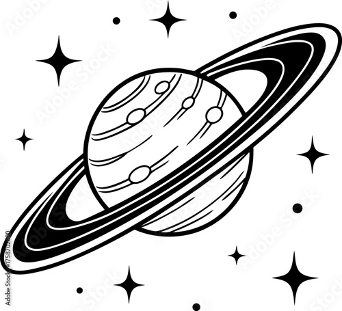 Minimalist black and white illustration of a ringed planet resembling Saturn, surrounded by small glowing stars, clean vector art style, bold outlines, simple cosmic design, tattoo-inspired, high cont