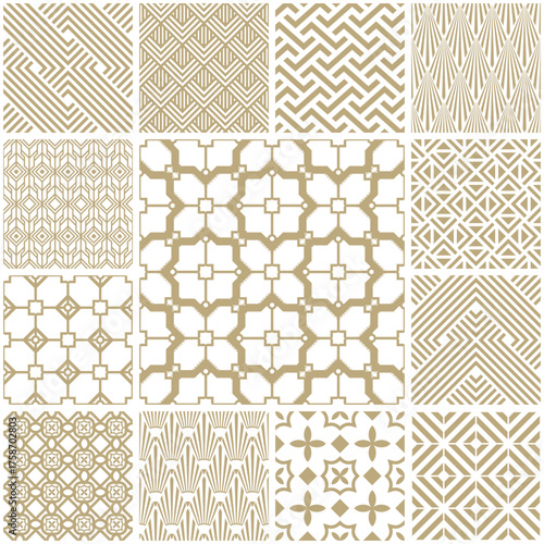 Vector Art Deco seamless patterns collection. Set of geometric ornamental patterns in gold on white background. Cute trendy textures. Patchwork. Modern design for Wallpaper, Fabric, Website Background