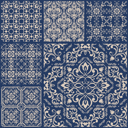 Vintage patchwork from seamless damask tiles. Collection patterns in Eastern style. Vintage grunge fabric decor. Seamless carpet. Original traditional Portuguese and Spain decor. Vector illustration