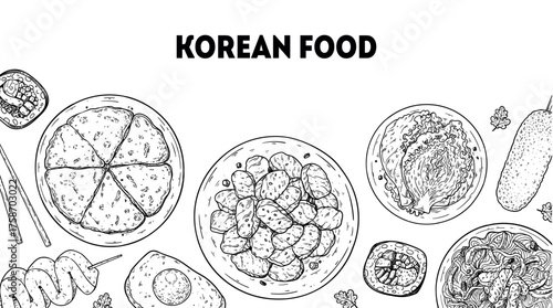 Korean food frame. Hand drawn top view Korean food dishes vector sketch illustration. Kimbap, odeng, pajeon, bulgogi, kimchi, japchae, corn dog, egg bread