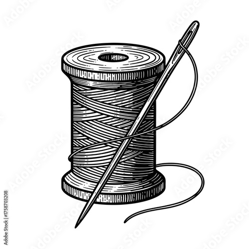 Black and White Engraving Style Spool of Thread with Needle for Sewing and Crafting