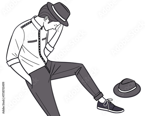 A man in a hat with his hand on his head is standing with his foot up