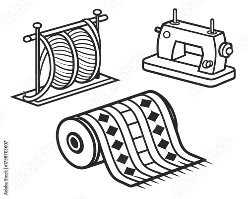 Black and white illustration of sewing equipment