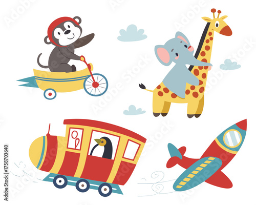 Cartoon illustration of animals riding vehicles