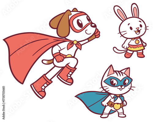 Cartoon superhero dog, cat, and rabbit
