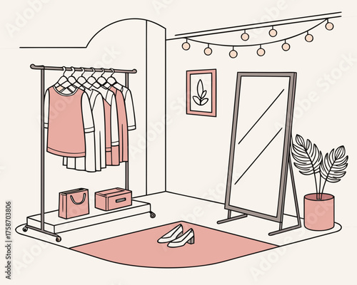Fashion boutique interior with clothes rack and mirror