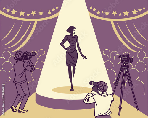 Fashion show with model on stage and photographers taking pictures