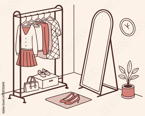 Fashion showroom with clothes rack, mirror, and accessories