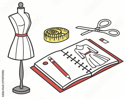 Illustration of a mannequin, measuring tape, sketchbook, and scissors