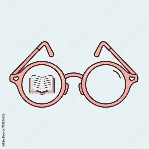 Iconic eyeglasses and book symbol depiction for communication and knowledge