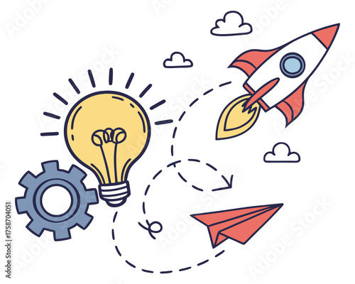 Light bulb, gear, rocket, and paper airplane