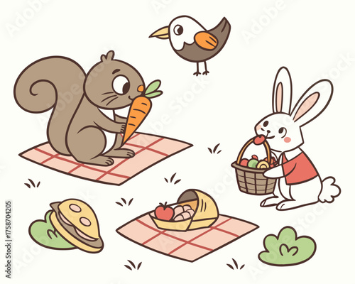 Squirrel, bird, and rabbit enjoying a picnic