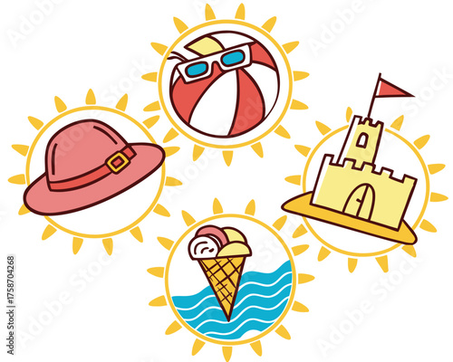 Summer beach vacation icons in sun circles illustration