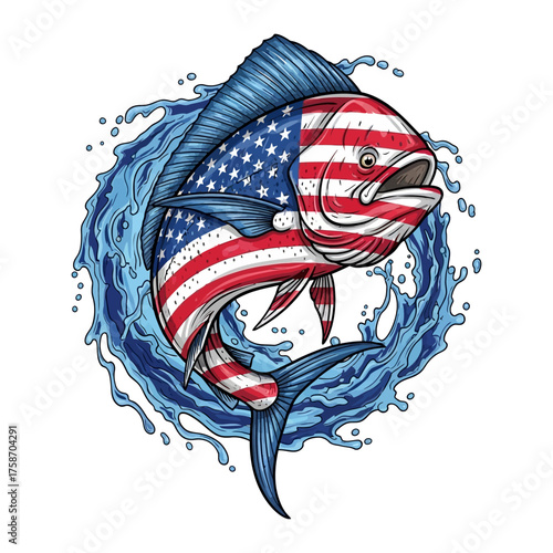 American mahi mahi with stars and stripes splashing out of water art