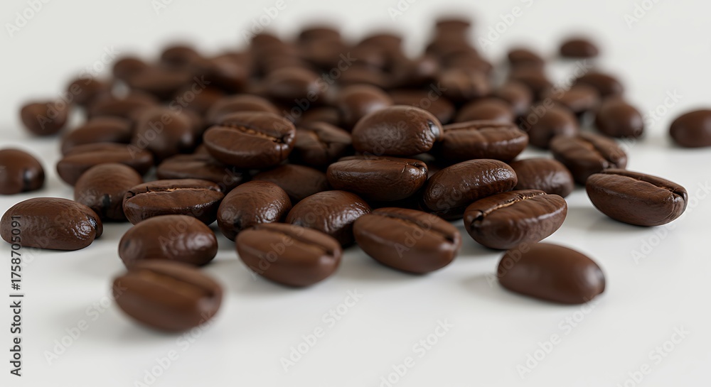 Naklejka premium Close up of roasted coffee beans on white surface for commercial use
