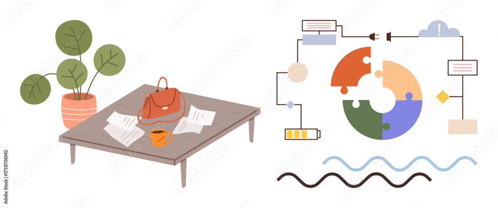Fototapeta premium Table with plant, bag, documents, and beverage paired with detailed process diagram of vibrant flowchart elements. Ideal for productivity, work organization, planning, business strategy, education