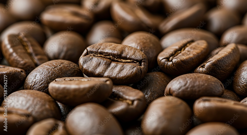 Fototapeta premium Close up of roasted coffee beans showing texture and details for commercial use