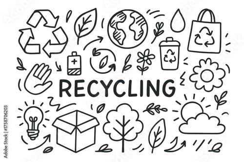 Hand-drawn recycling symbols and environmental conservation doodles