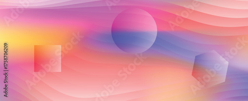 Abstract background with translucent geometric shapes over colorful fluid waves. Modern design with a square, circle, and pentagon on a vibrant gradient.