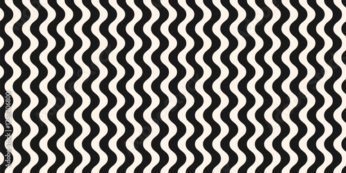 Simple vector seamless pattern with vertical wavy lines, stripes, liquid shapes, bends. Simple black and white abstract waves texture. Monochrome striped background. Repeated design for print, decor