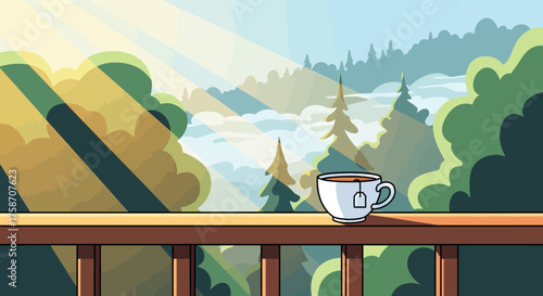 A cup of tea on a wooden railing with a scenic view.
