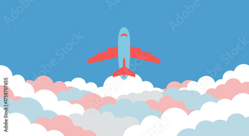 Airplane Ascending Through Clouds in a Blue Sky.