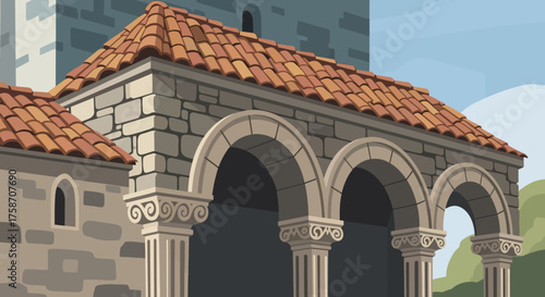 Architectural Detail of a Stone Building with Arches and Columns.