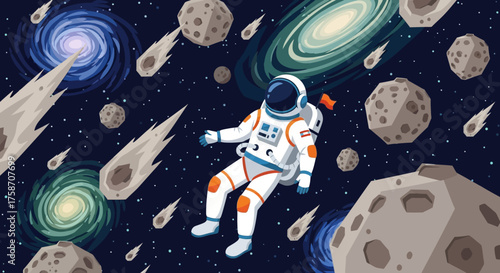 Astronaut Floating Amidst Asteroids and Galaxies in Deep Space.