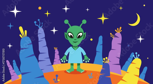 Cartoon Alien Standing on Exoplanet Surface Illustration.