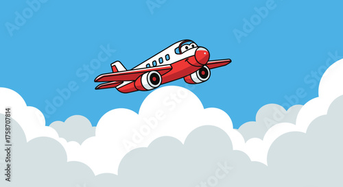 Cartoon Airplane Soaring Through Clouds with Animated Expression.