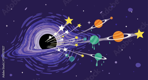 Cartoon Black Hole Devouring Planets and Stars in Space.