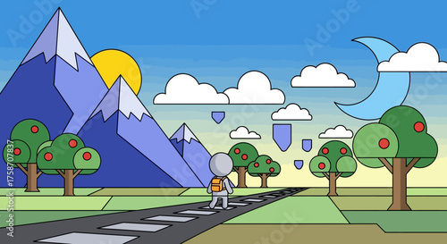 Cartoon Figure Walking on Road with Backpack in Mountain Landscape.