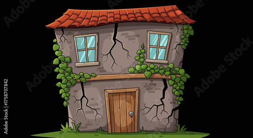 Cartoon Dilapidated House with Cracks and Vines Illustration.