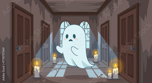 Cartoon Ghost in Haunted Hallway with Candles.
