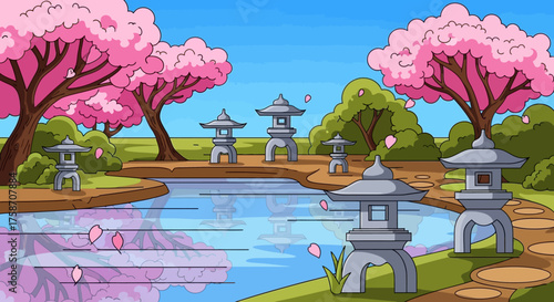 Cartoon Japanese Garden with Cherry Blossoms and Stone Lanterns.