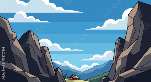 Cartoon Mountain Landscape with Small House.