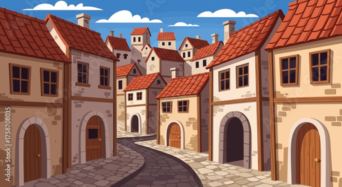 Charming European Townscape with Red-Tiled Roofs and Cobblestone Streets.