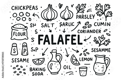Falafel ingredients illustration with spices and vegetables