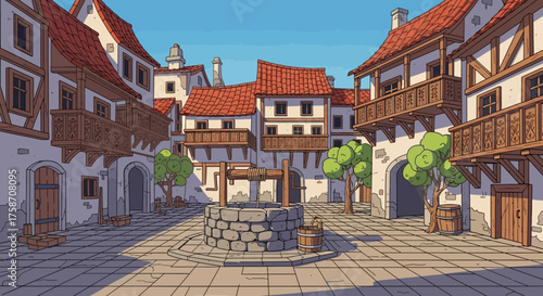 Charming Medieval Town Square with Stone Well and Timber-Framed Buildings.
