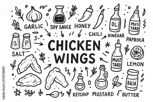 Chicken wings ingredients: garlic, soy sauce, honey, mustard, lemon, vinegar, spices