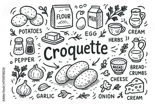 Croquette ingredients illustrated: potatoes, flour, milk, eggs, herbs, garlic