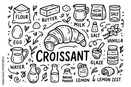Illustrated baking ingredients for croissant recipe with eggs, flour, butter, milk