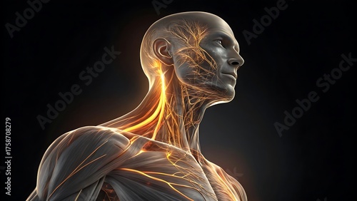 Detailed human anatomy of the head neck and shoulder nervous system