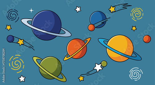 Colorful Planets and Stars in a Whimsical Space Illustration.